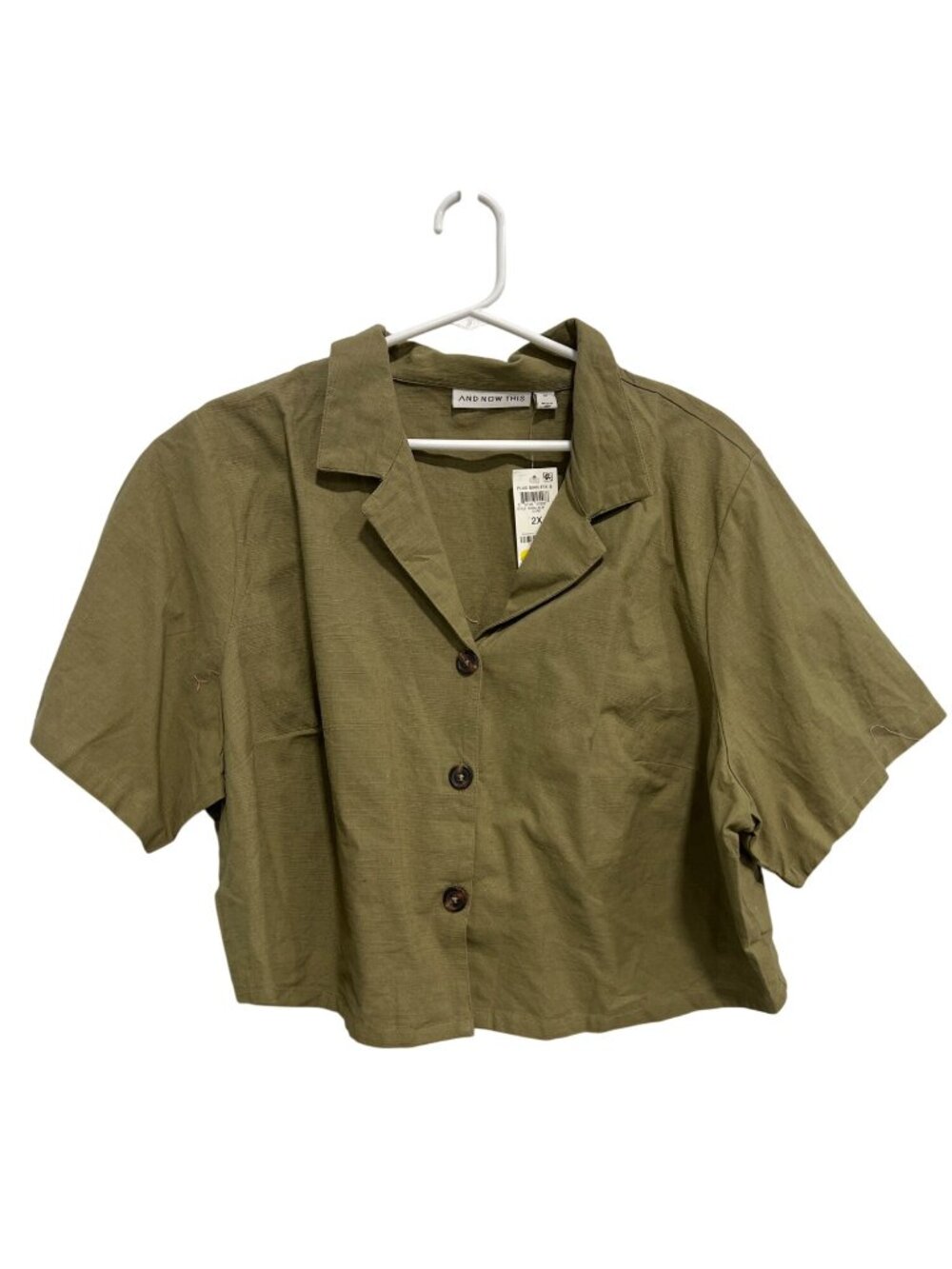 And Now This Cropped Shirt Size 2X Button Front Short Sleeve Olive Green NEW